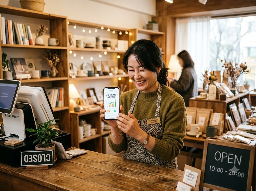 소상공인 지원금 몰라서 다 놓치고 있는 돈 2 Store owner looking at smartphone 202608291954 1
