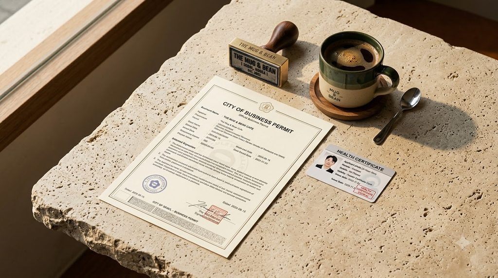 음식점 창업 인허가 단계에서 구청 보건소 필수 서류 빠짐없이 떼는 법 2 Business permit and coffee flatlay 202609031631