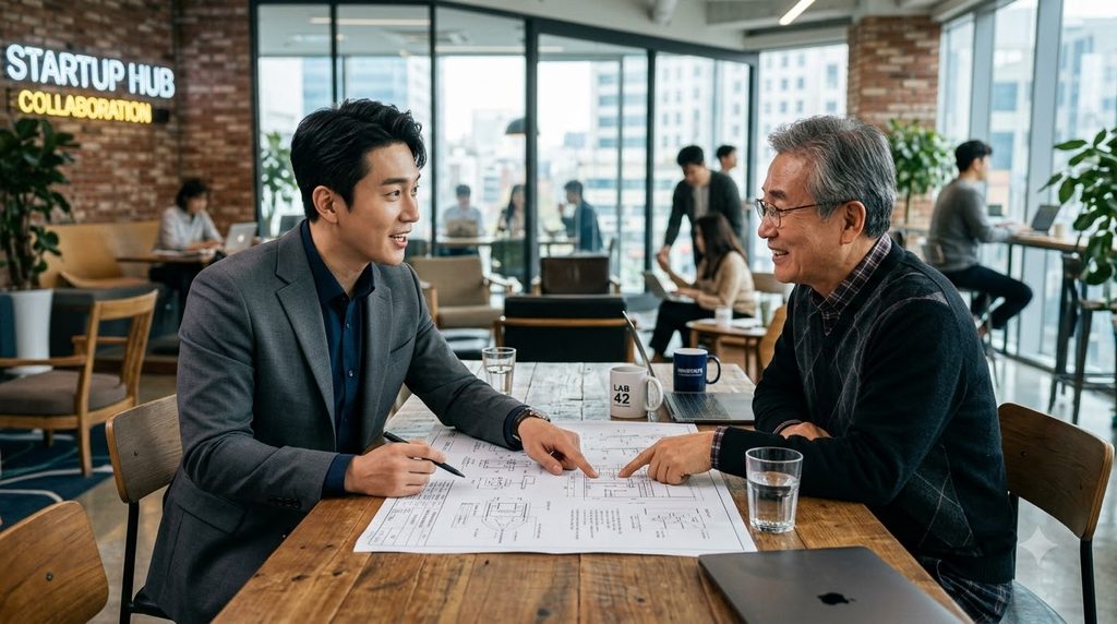 예비창업패키지 합격을 위한 전담 멘토링 활용 극대화 전략 1 Man discussing blueprint across … 202609032005