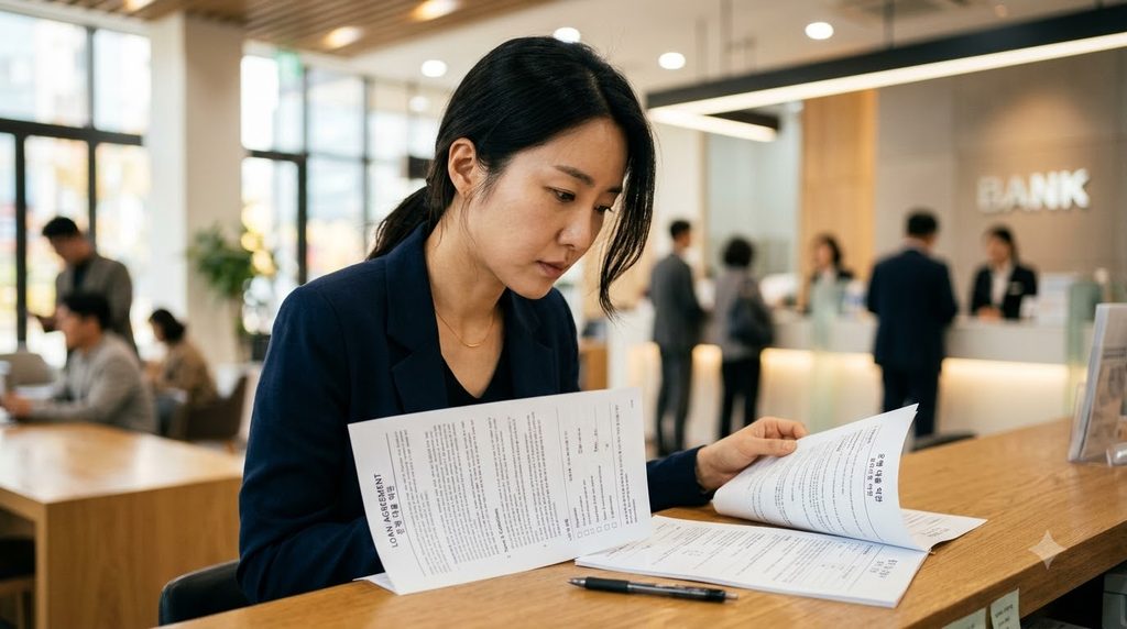 소상공인 정책자금 대리대출 은행 방문 전 필수 체크리스트 1 Woman reviewing bank loan terms 202609031611