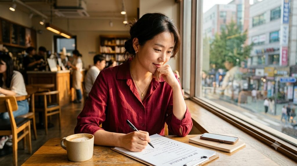 음식점 창업 인허가 단계에서 구청 보건소 필수 서류 빠짐없이 떼는 법 1 Woman reviewing documents in cafe 202609031631