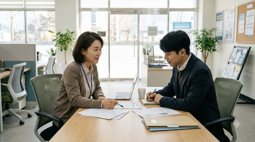 2026 국민취업지원제도 구직촉진수당 조건과 신청 방법 총정리 2 Counselor reviewing documents wi… 20261023092305